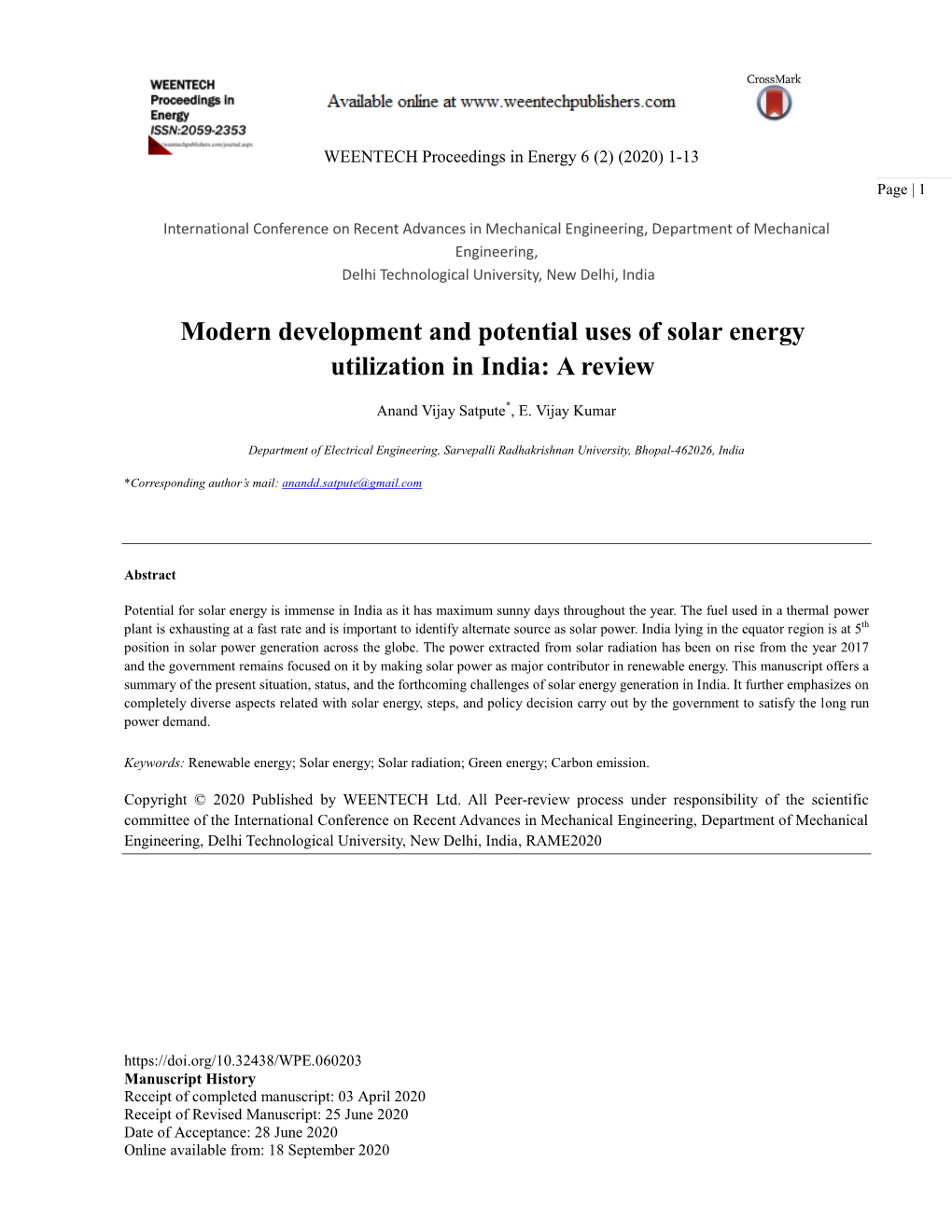 Modern Development and Potential Uses of Solar Energy Utilization in India: a Review