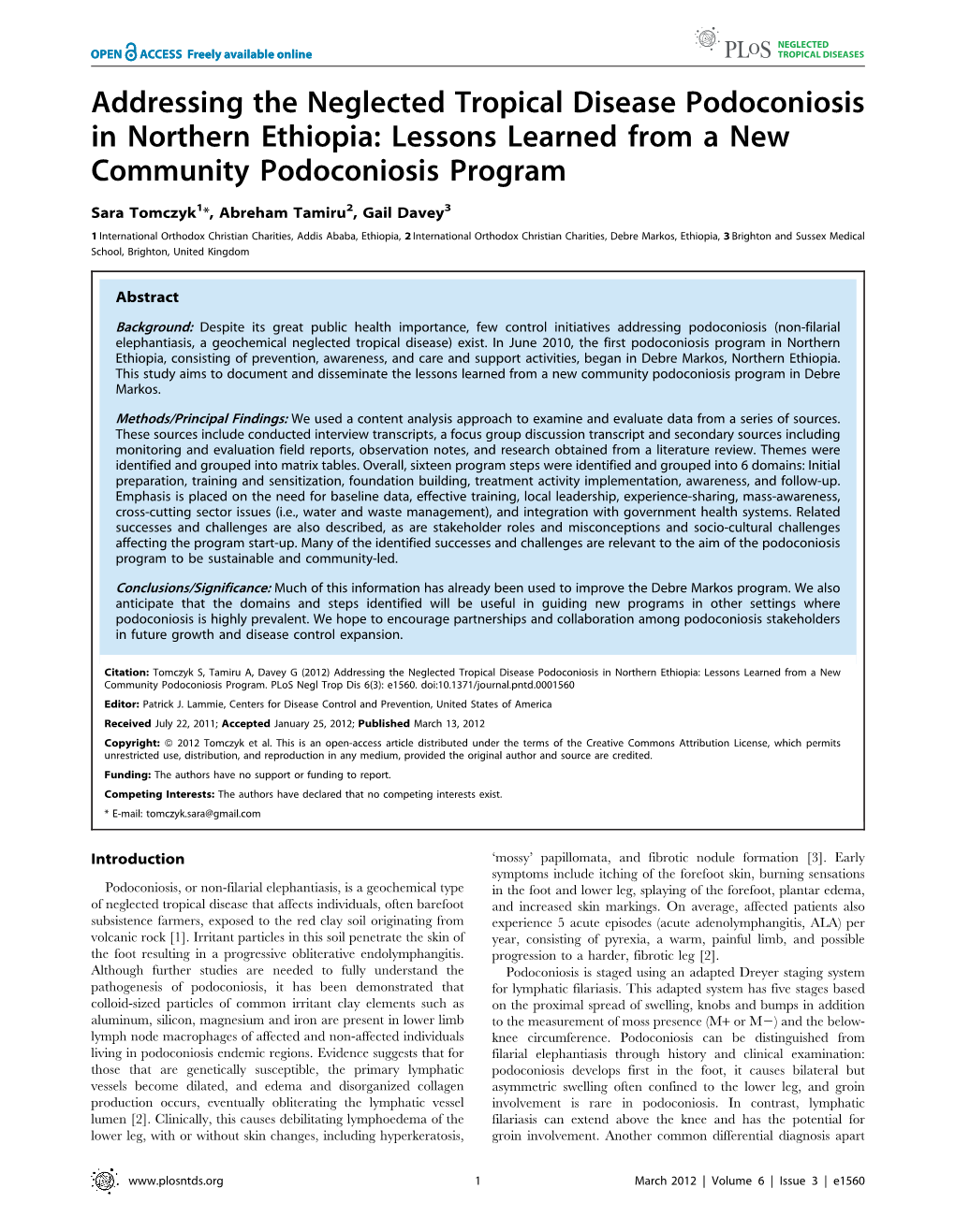 Addressing the Neglected Tropical Disease Podoconiosis in Northern Ethiopia: Lessons Learned from a New Community Podoconiosis Program