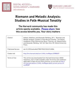 Riemann and Melodic Analysis: Studies in Folk-Musical Tonality