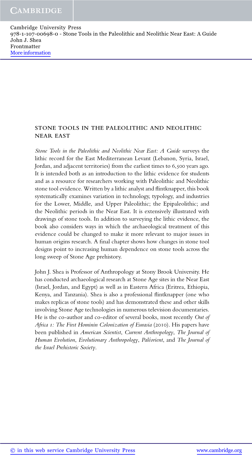 Stone Tools in the Paleolithic and Neolithic Near East: a Guide John J