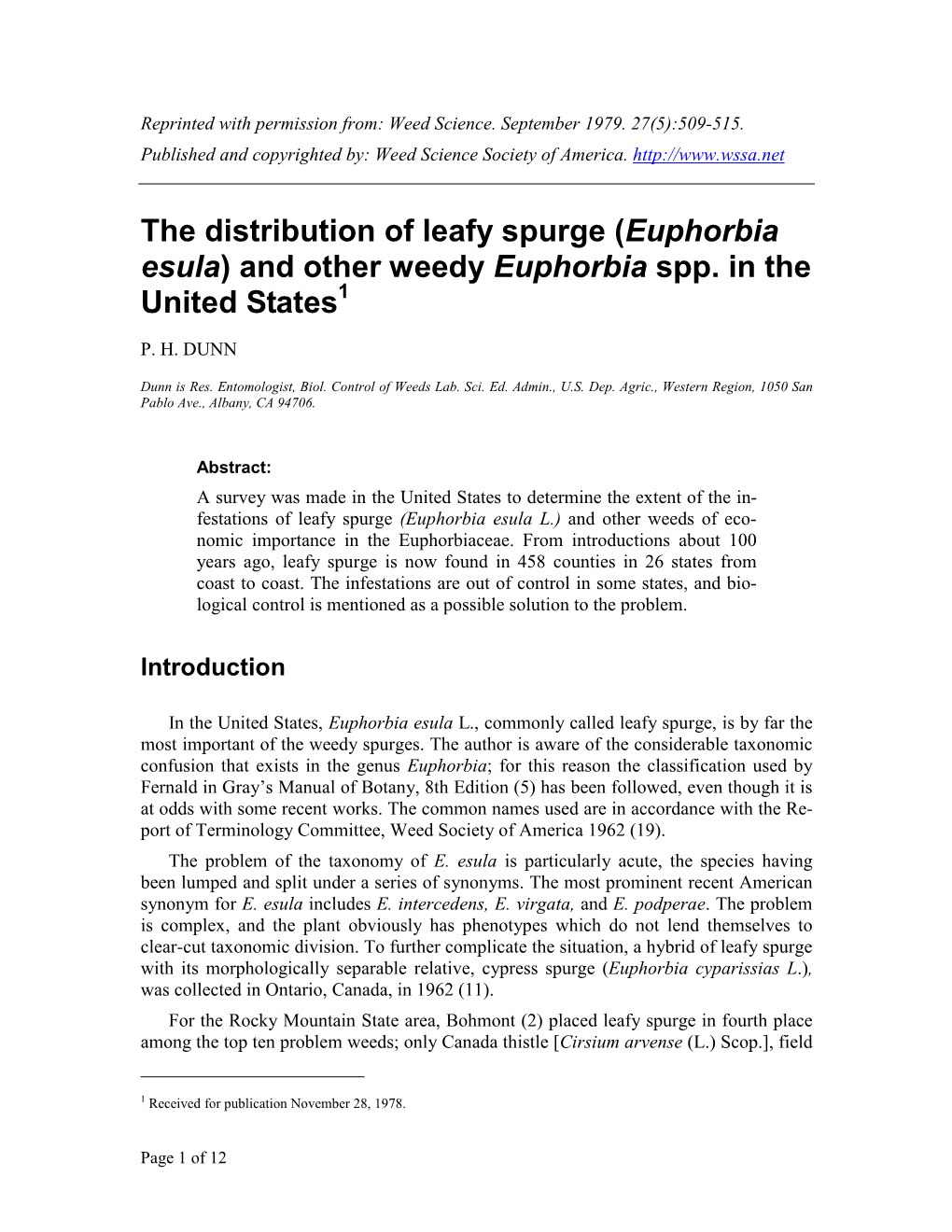 The Distribution of Leafy Spurge (Euphorbia Esula) and Other Weedy Euphorbia Spp