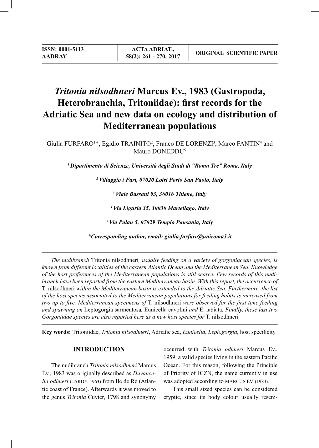 Gastropoda, Heterobranchia, Tritoniidae): First Records for the Adriatic Sea and New Data on Ecology and Distribution of Mediterranean Populations