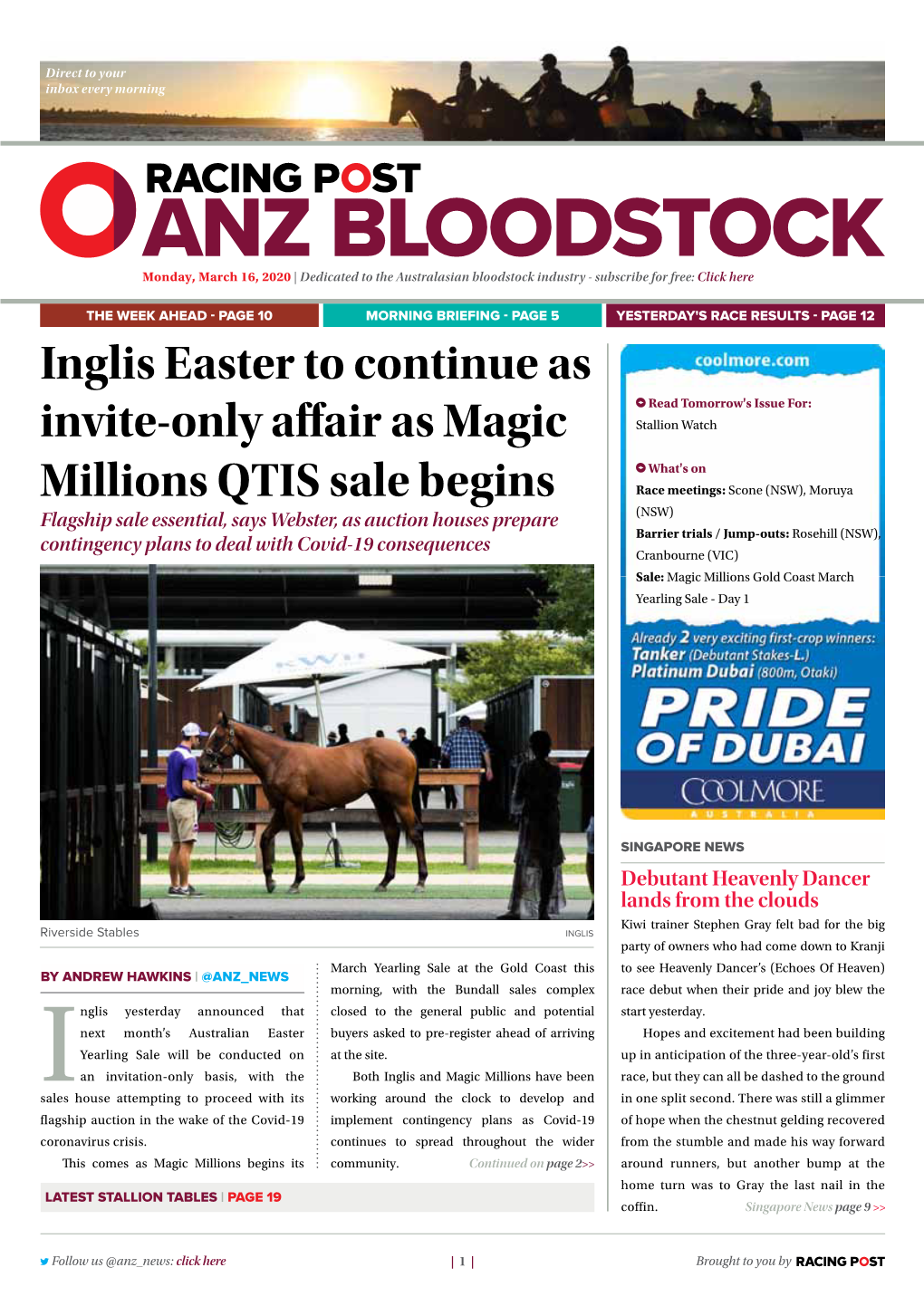 Inglis Easter to Continue As Invite-Only Affair As Magic Millions QTIS Sale Begins | 2 | Monday, March 16, 2020