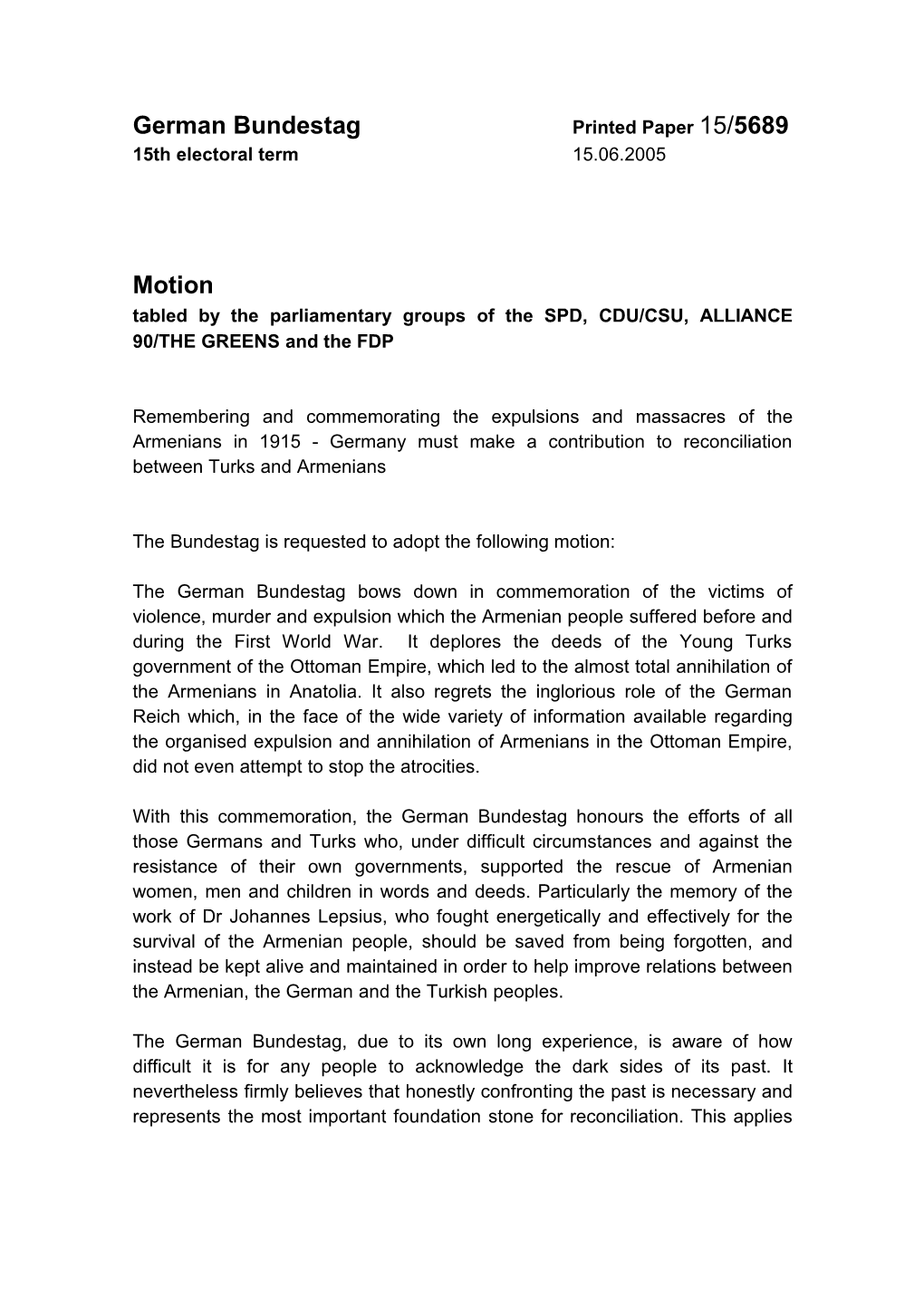 German Bundestag Printed Paper 15/5689 15Th Electoral Term 15.06.2005