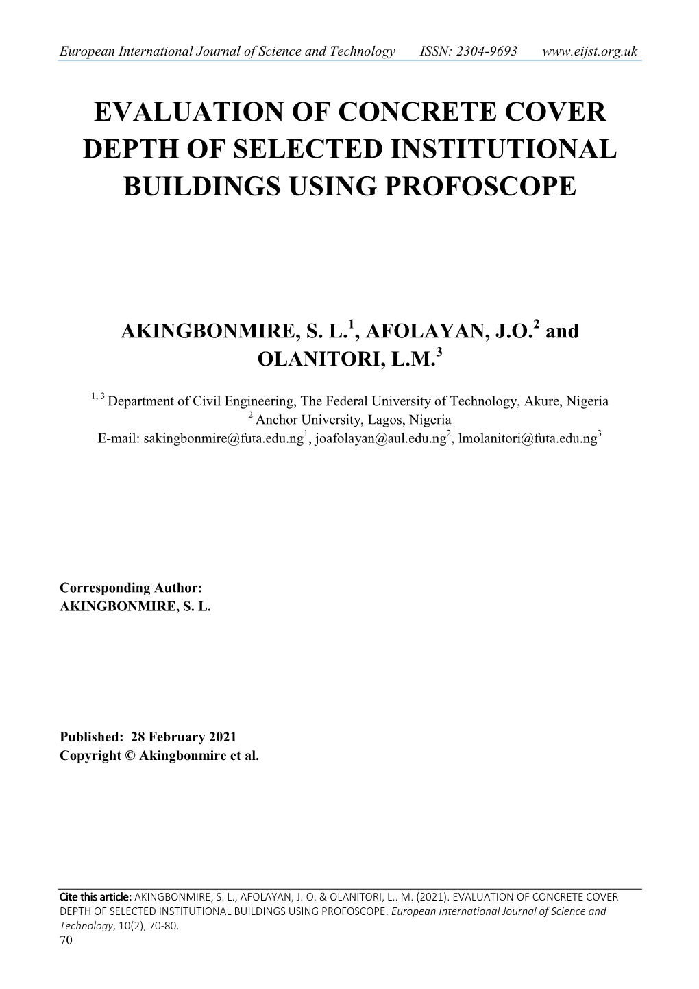 Evaluation of Concrete Cover Depth of Selected Institutional Buildings Using Profoscope