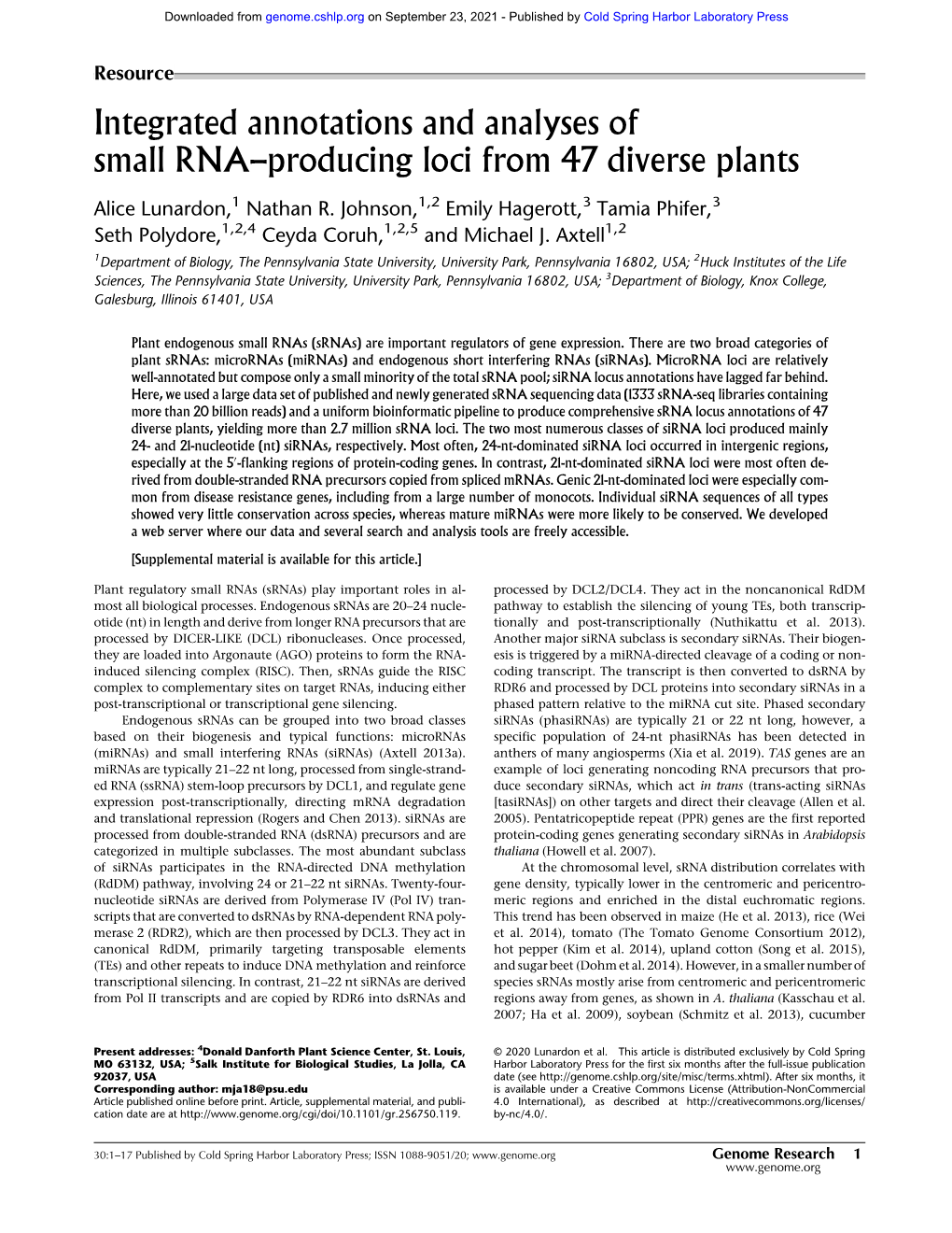 Integrated Annotations and Analyses of Small RNA–Producing Loci from 47 Diverse Plants