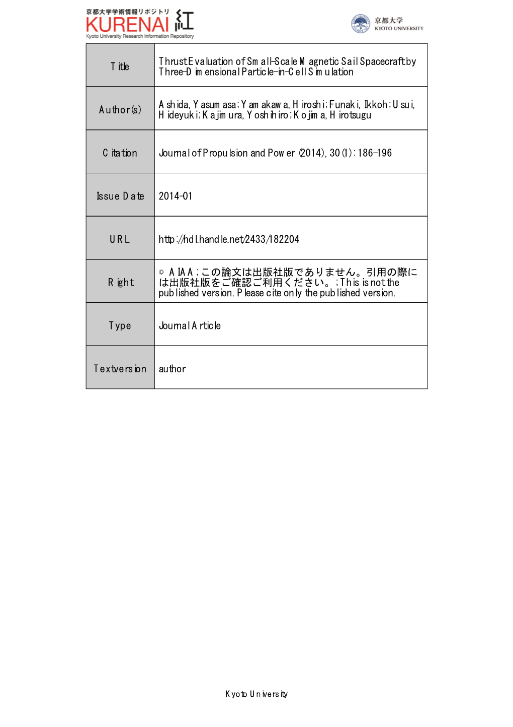 Title Thrust Evaluation of Small-Scale Magnetic Sail Spacecraft by Three