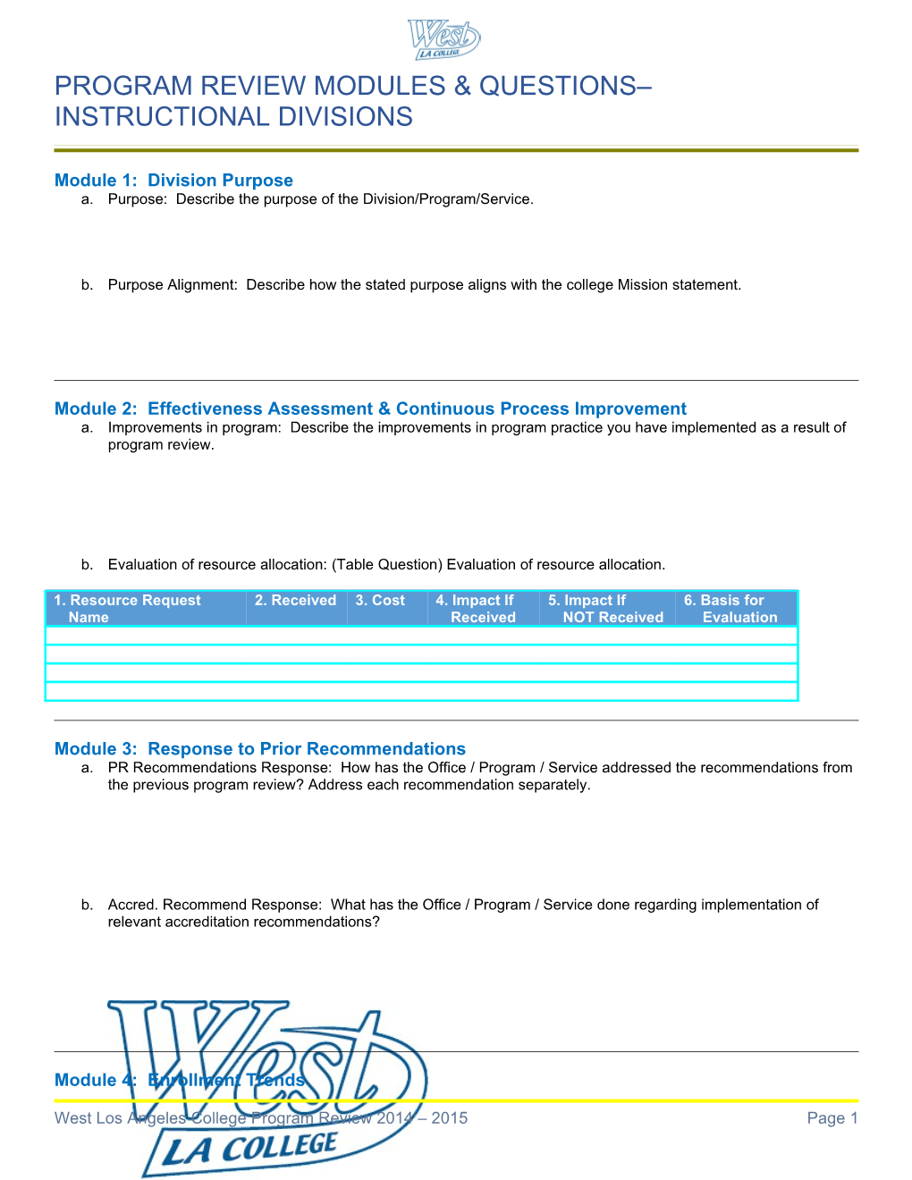 Program Review Modules & Questions Instructional Divisions