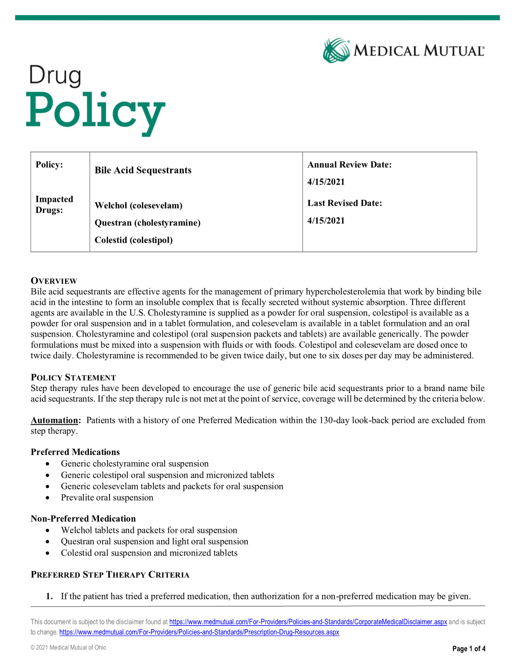 Bile Acid Sequestrants 4/15/2021