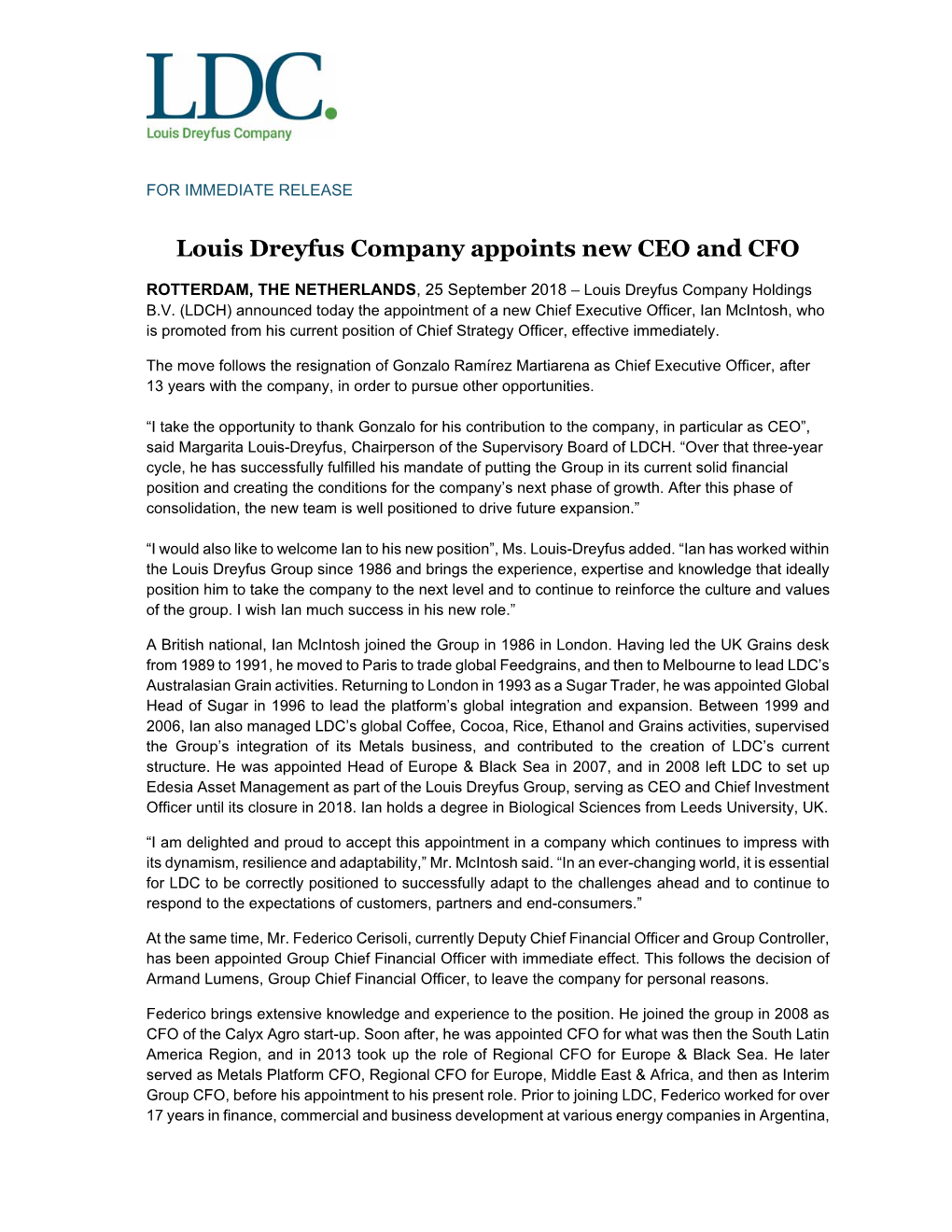 Louis Dreyfus Company Appoints New CEO and CFO