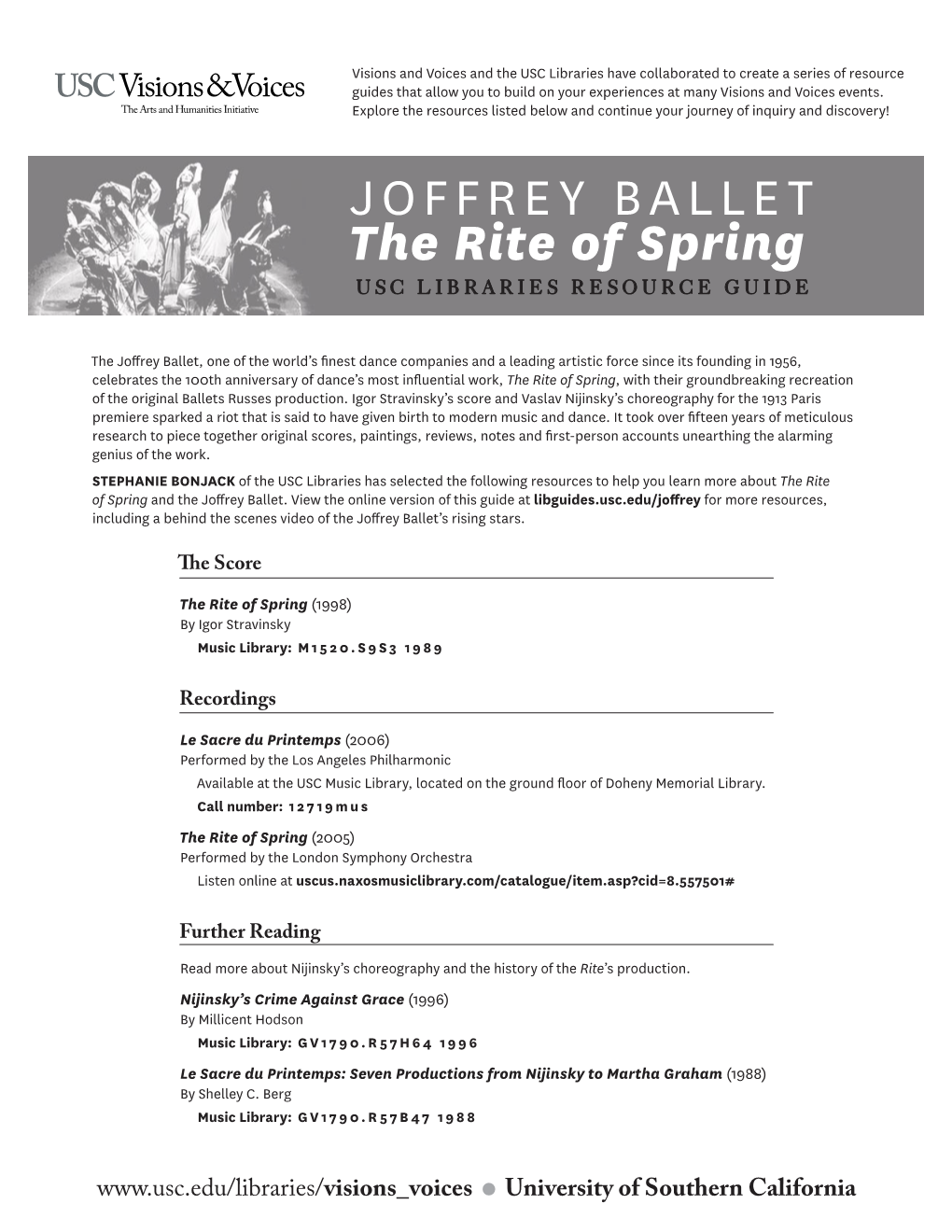 JOFFREY BALLET the Rite of Spring USC LIBRARIES RESOURCE GUIDE