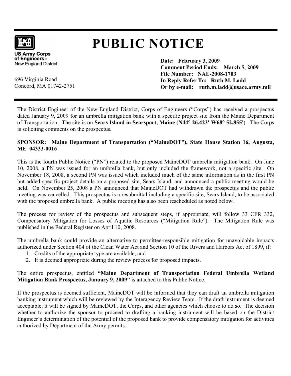 Umbrella Mitigation Meeting Notice and Plan for Sears Island