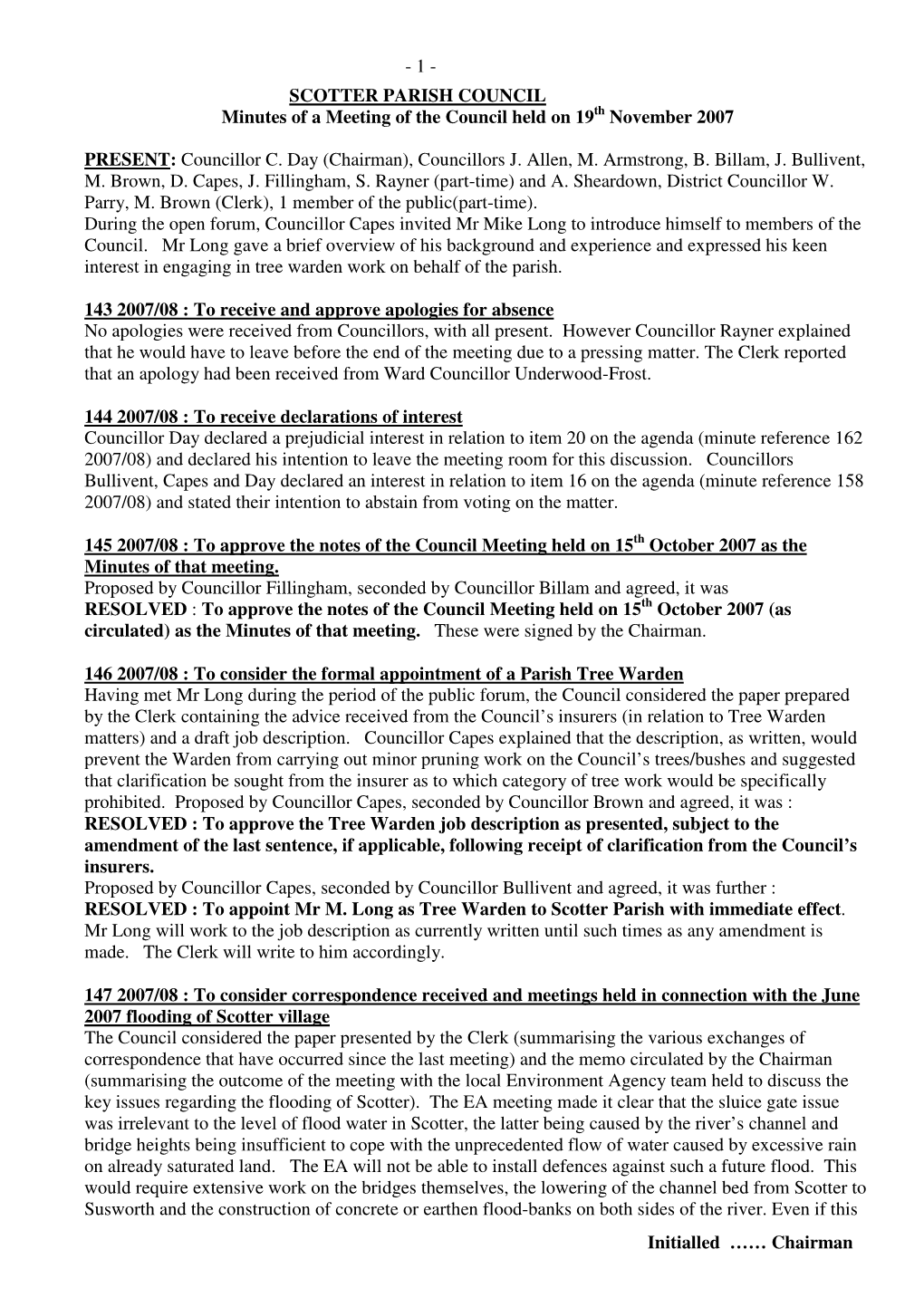 1 - SCOTTER PARISH COUNCIL Minutes of a Meeting of the Council Held on 19 Th November 2007