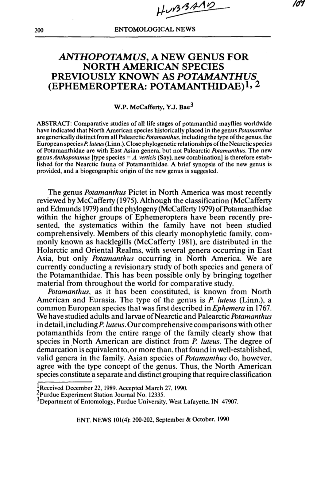 ANTHOPOTAMUS, a NEW GENUS for NORTH AMERICAN SPECIES PREVIOUSLY KNOWN AS POTAMANTHUS (EPHEMEROPTERA: POTAMANTHIDAE)L, 2