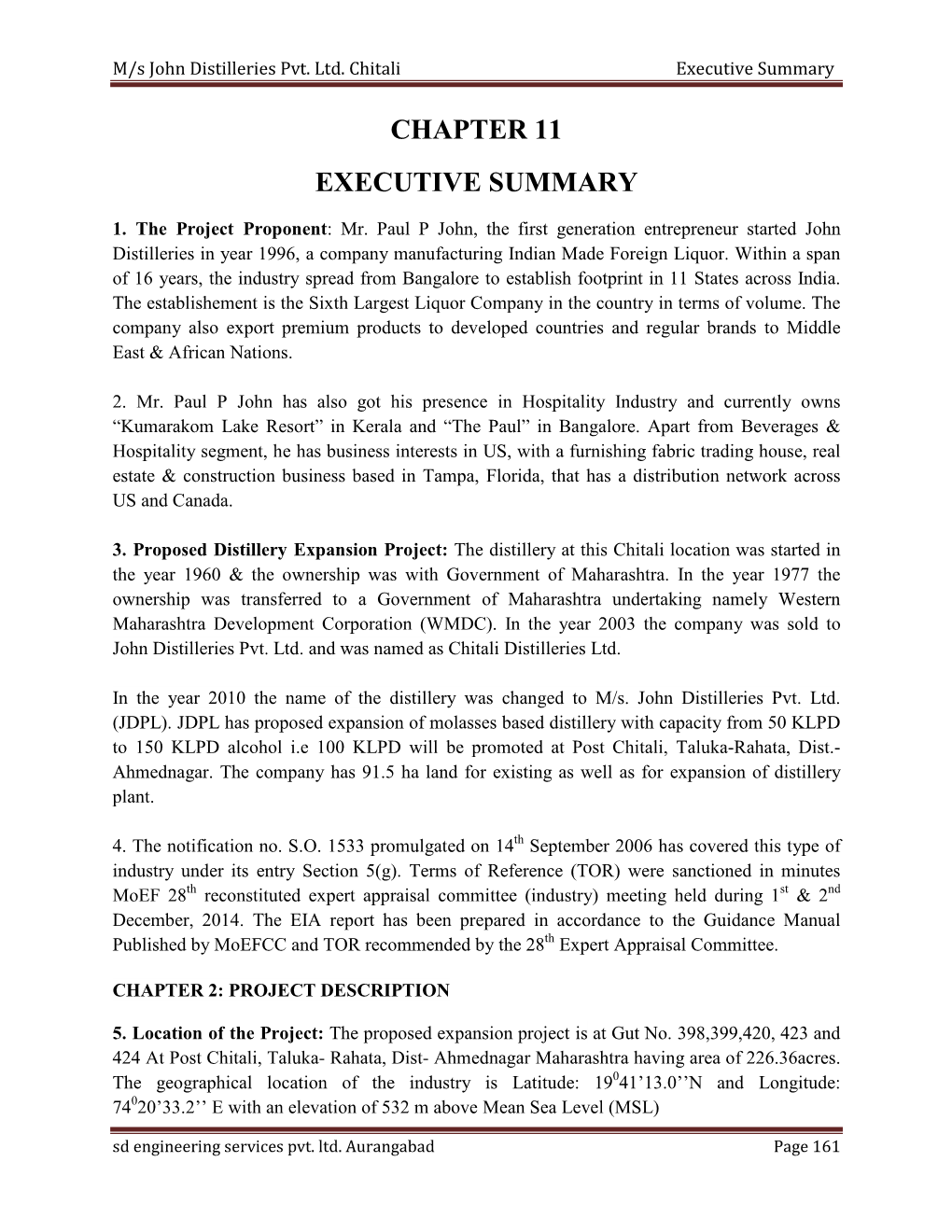 M/S John Distilleries Pvt. Ltd. Chitali Executive Summary