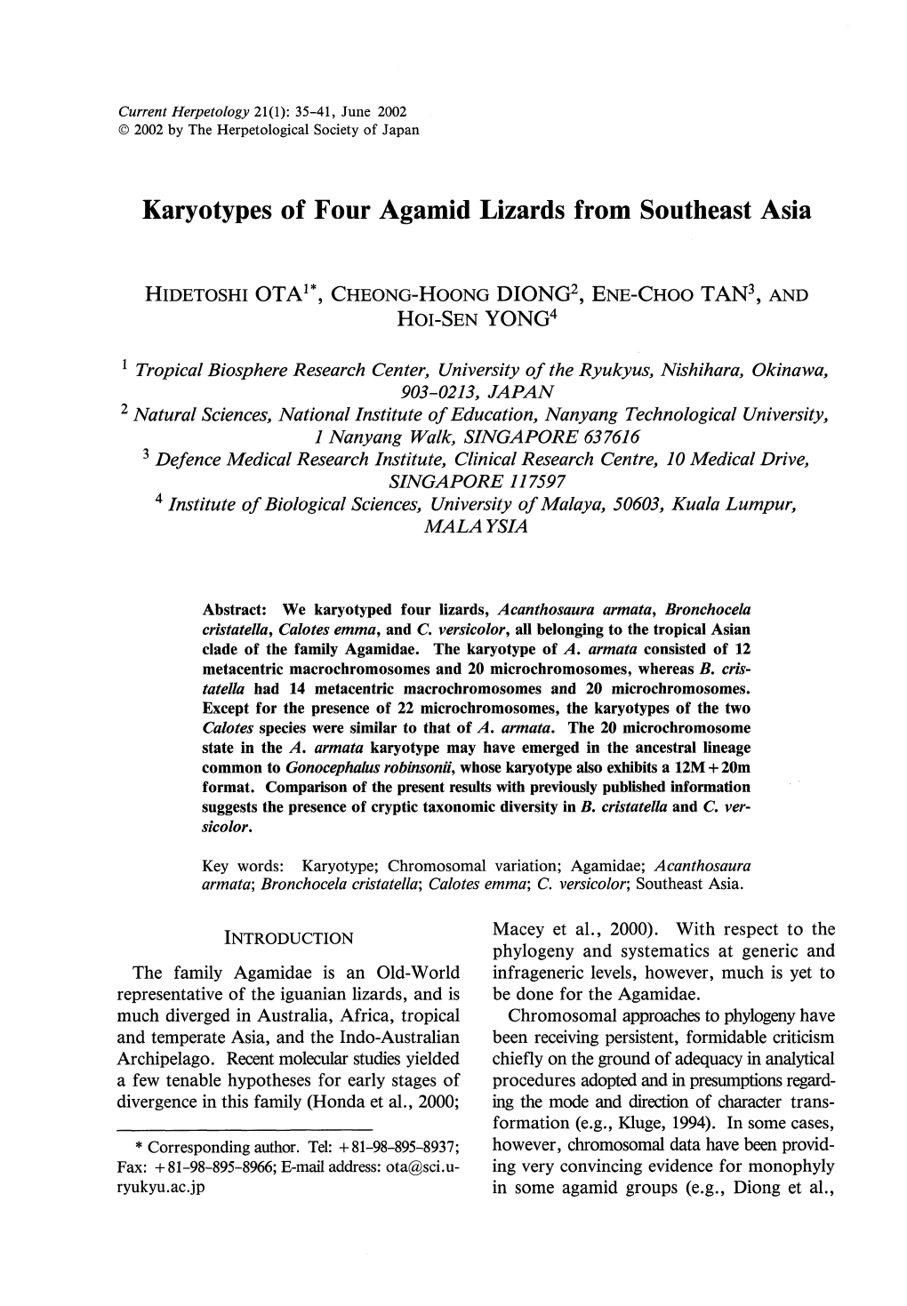 Karyotypes of Four Agamid Lizards from Southeast Asia HIDETOSHI