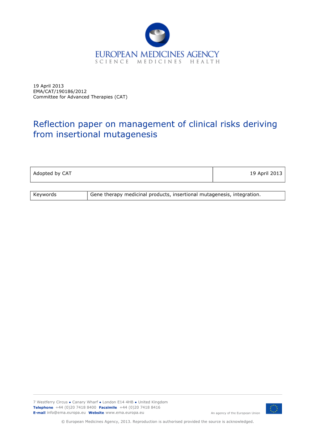 Reflection Paper on the Clinical Risks Deriving from Insertional Mutagenesis