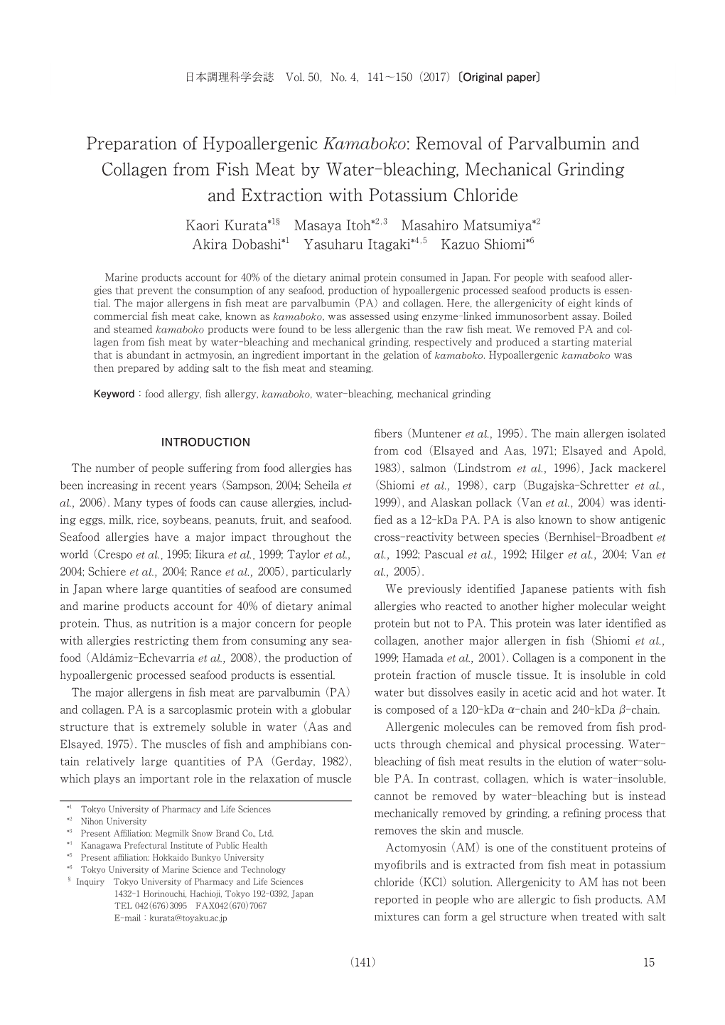 Preparation of Hypoallergenic Kamaboko: Removal of Parvalbumin and Collagen from Fish Meat by Water-Bleaching, Mechanical Grindi