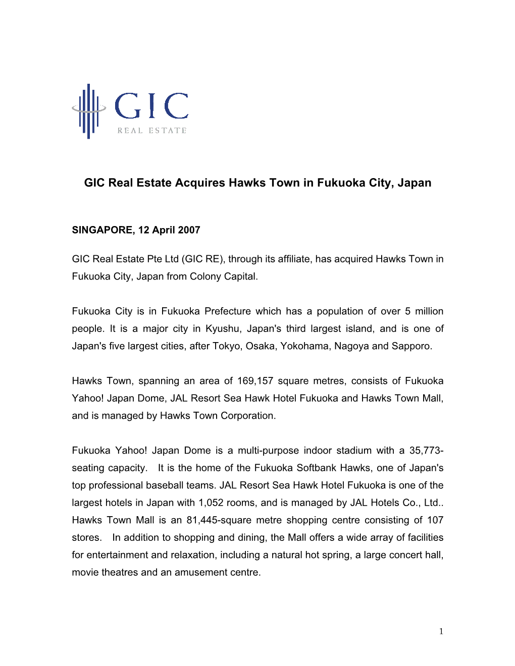 GIC Real Estate Acquires Hawks Town in Fukuoka City, Japan