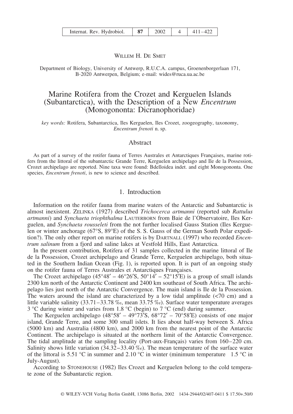 Marine Rotifera from the Crozet and Kerguelen Islands (Subantarctica), with the Description of a New Encentrum (Monogononta: Dicranophoridae)