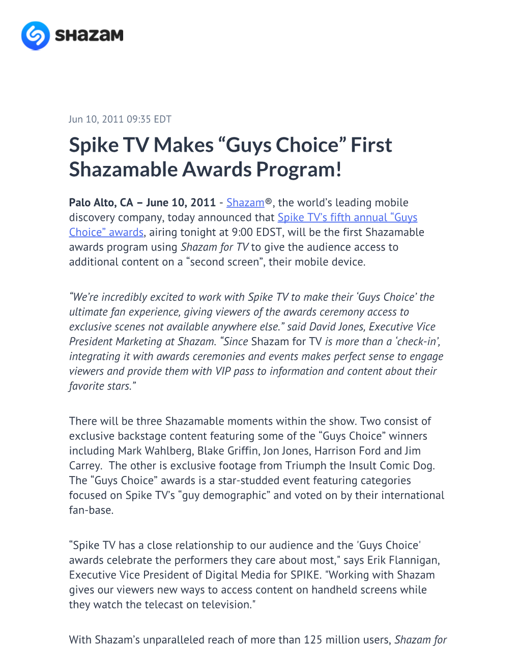 Spike TV Makes “Guys Choice” First Shazamable Awards Program!