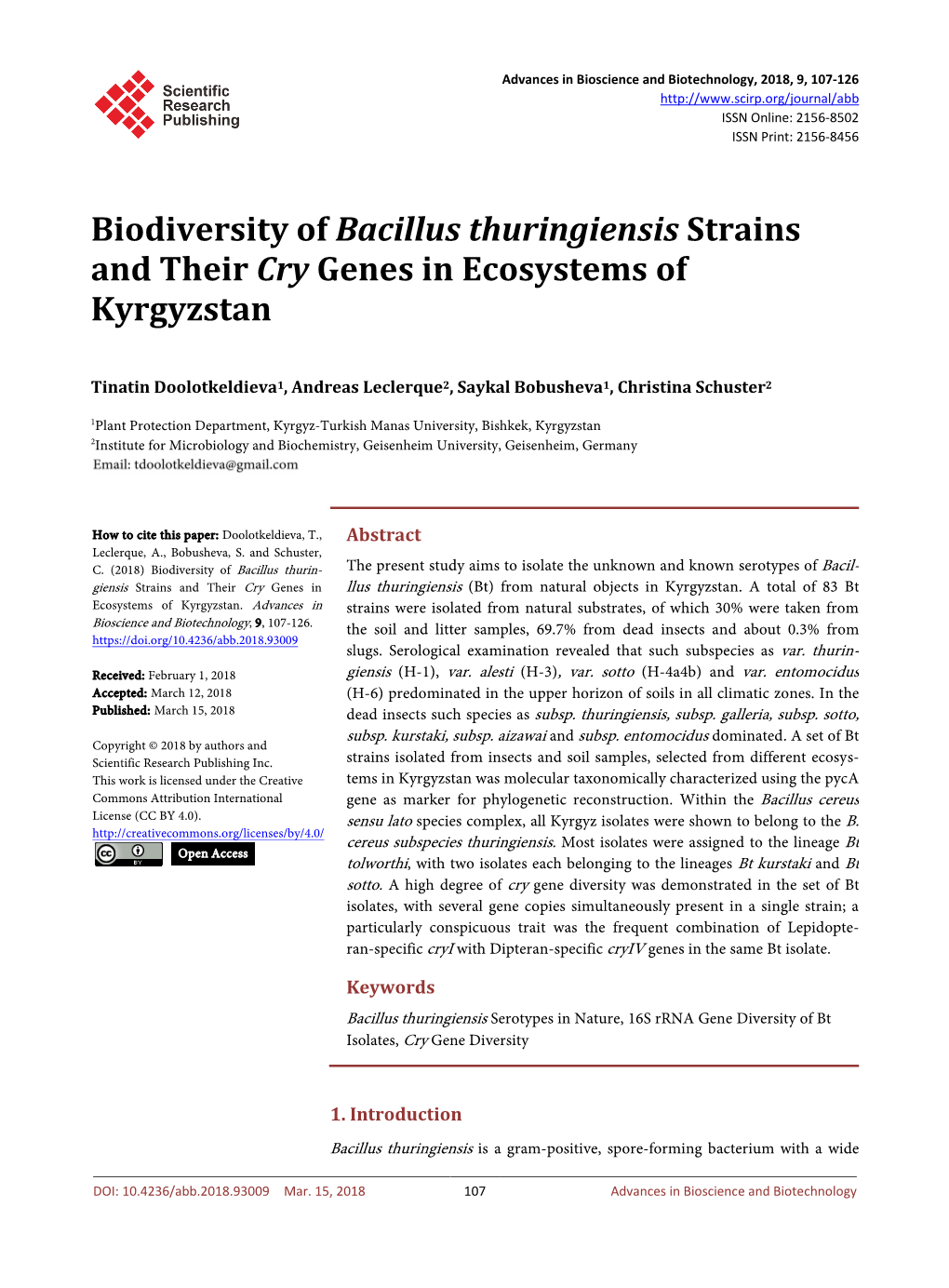 Biodiversity of Bacillus Thuringiensis Strains and Their Cry Genes in Ecosystems of Kyrgyzstan