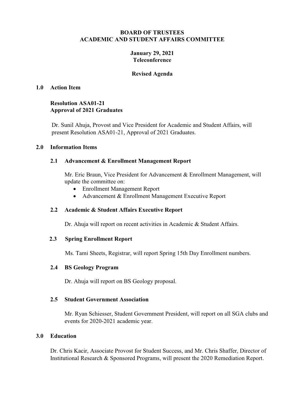 ASA Committee Agenda January 29, 2021