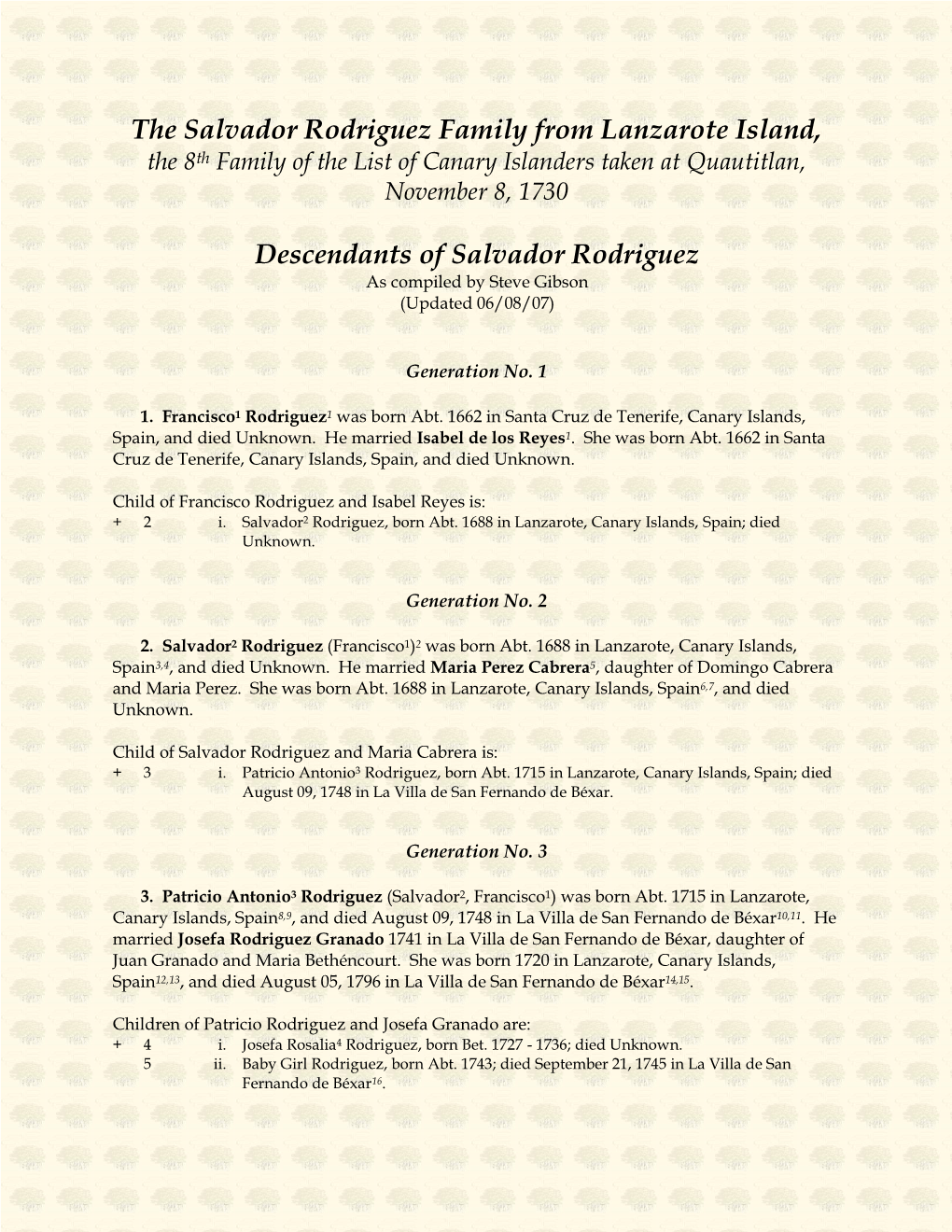 Rodriguez Family from Lanzarote Island, the 8Th Family of the List of Canary Islanders Taken at Quautitlan, November 8, 1730