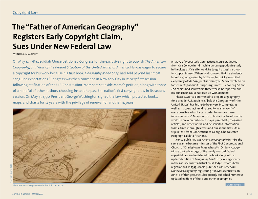 The “Father of American Geography” Registers Early Copyright Claim, Sues Under New Federal Law Wendi A