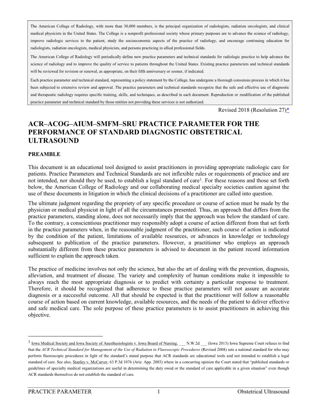 Practice Parameter for the Performance of Obstetrical Ultrasound