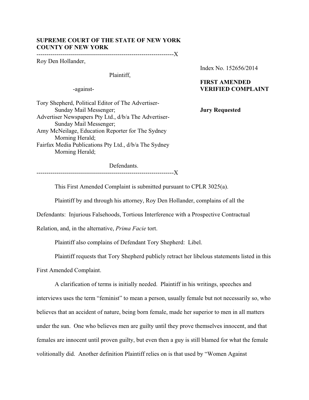 First Amended Complaint Is Submitted Pursuant to CPLR 3025(A)