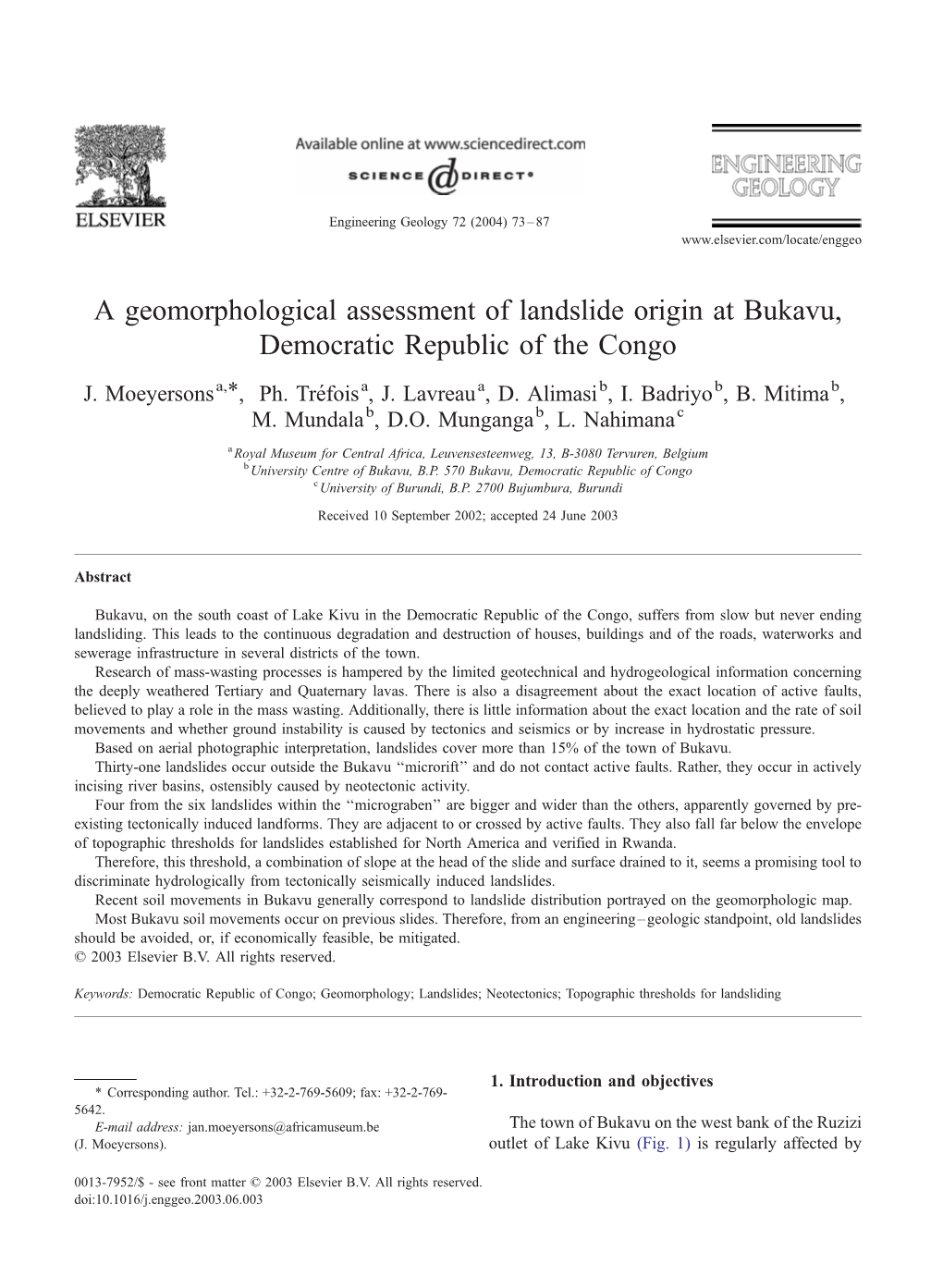 A Geomorphological Assessment of Landslide Origin at Bukavu, Democratic Republic of the Congo