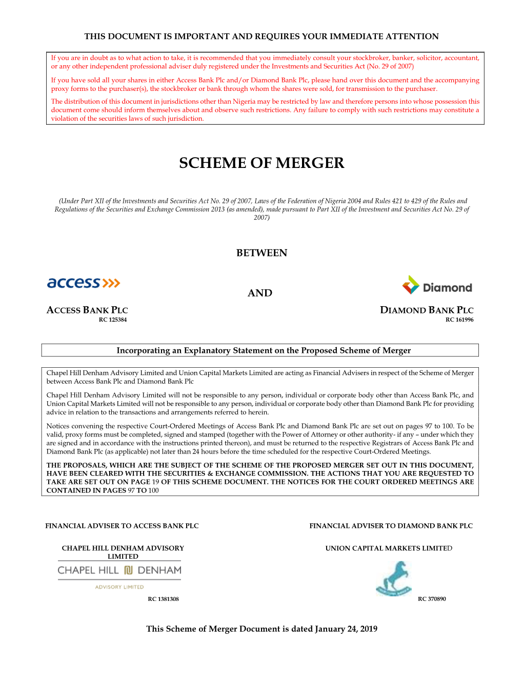 Scheme of Merger Between Access Bank Plc and Diamond Bank Plc