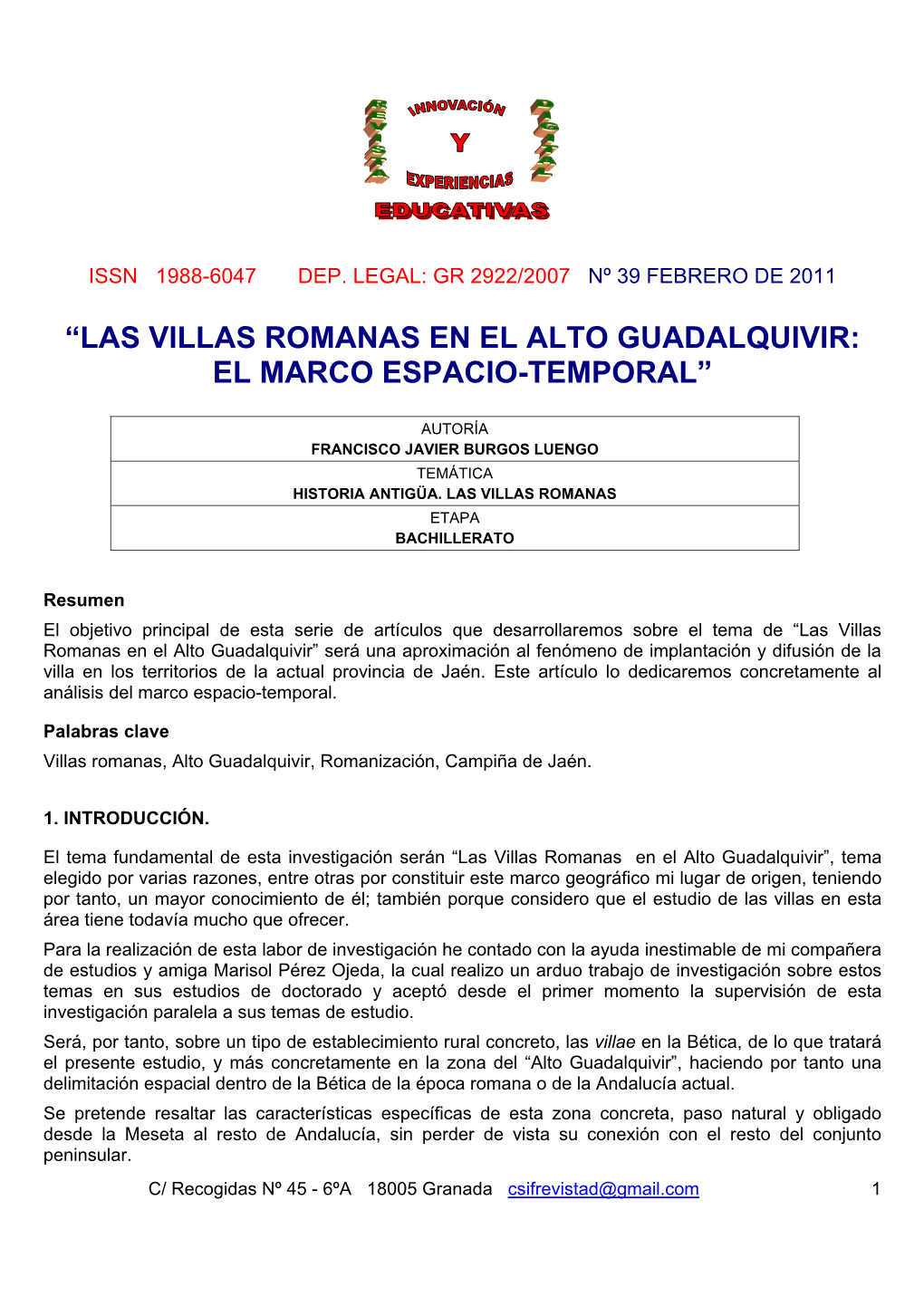 “Las Villas Romanas En El Alto Guadalquivir: El Marco Espacio-Temporal”