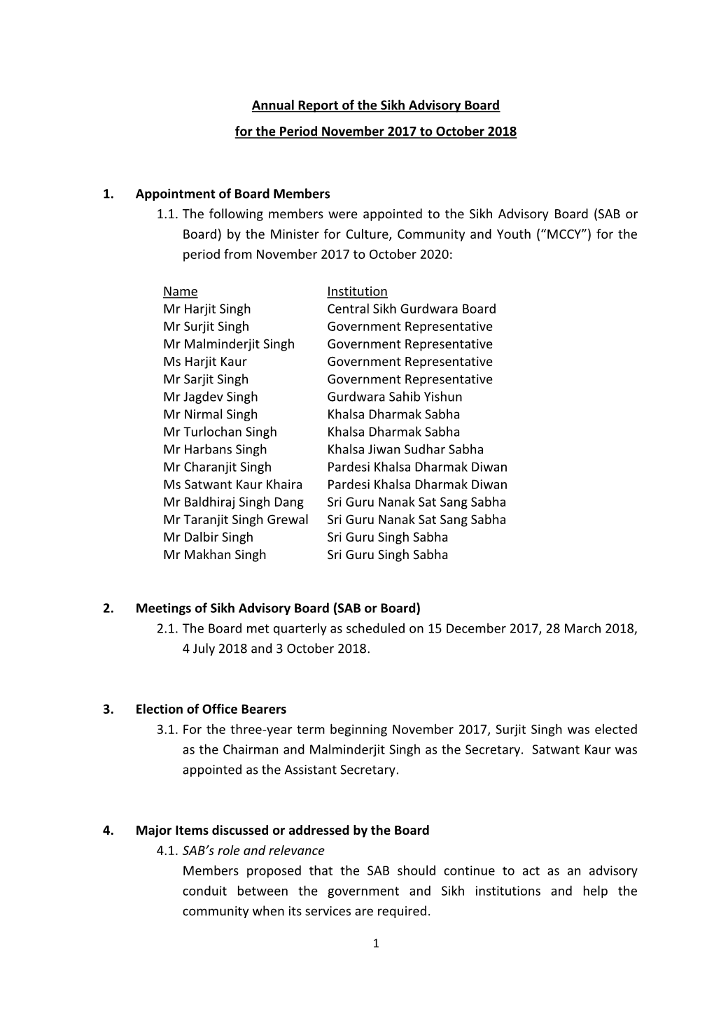 Annual Report of the Sikh Advisory Board for the Period November 2017 to October 2018