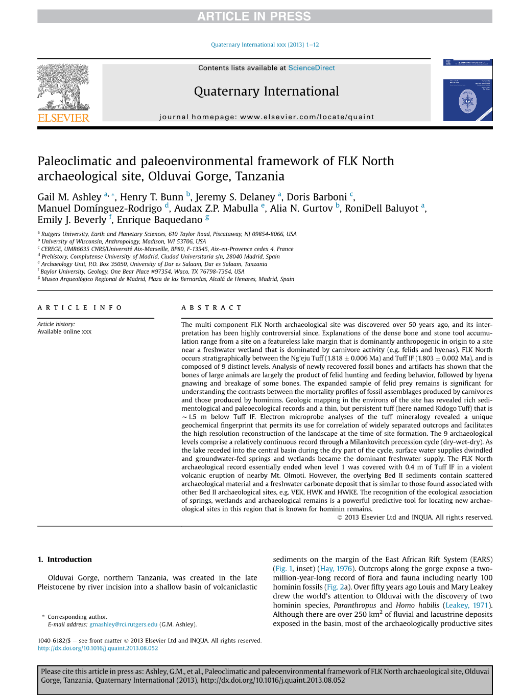 Paleoclimatic and Paleoenvironmental Framework of FLK North Archaeological Site, Olduvai Gorge, Tanzania