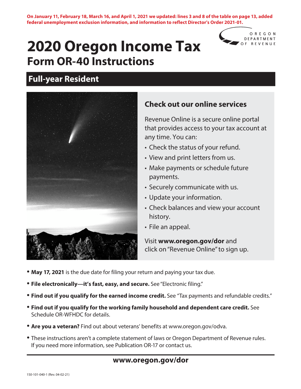 2020 Publication OR-40-FY, Oregon Income Tax Full-Year Resident Forms and Instructions, 150-101-040-1