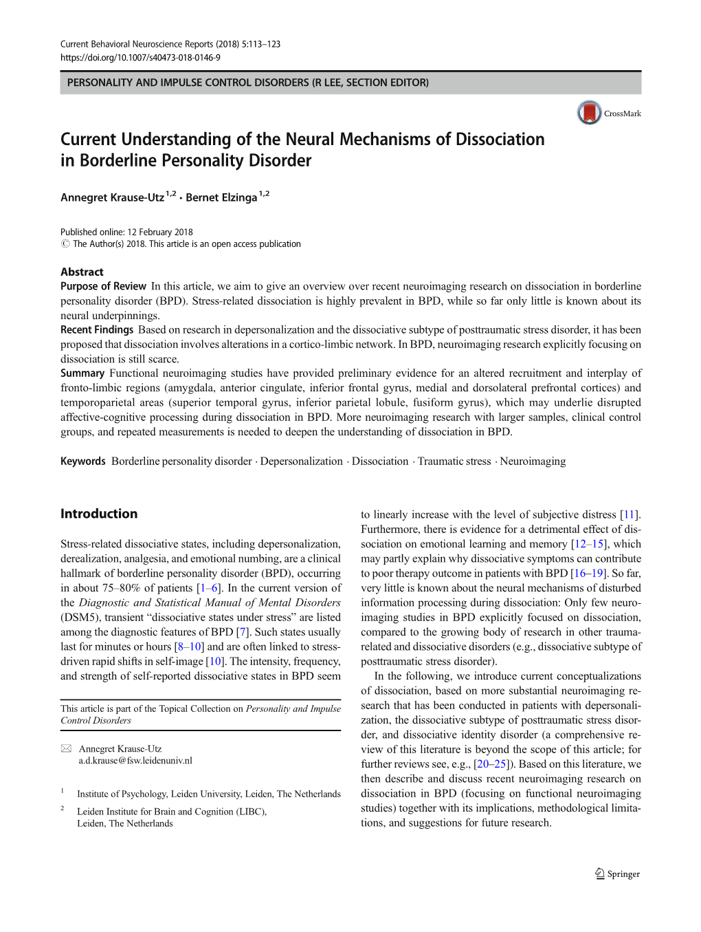 Current Understanding of the Neural Mechanisms of Dissociation in Borderline Personality Disorder