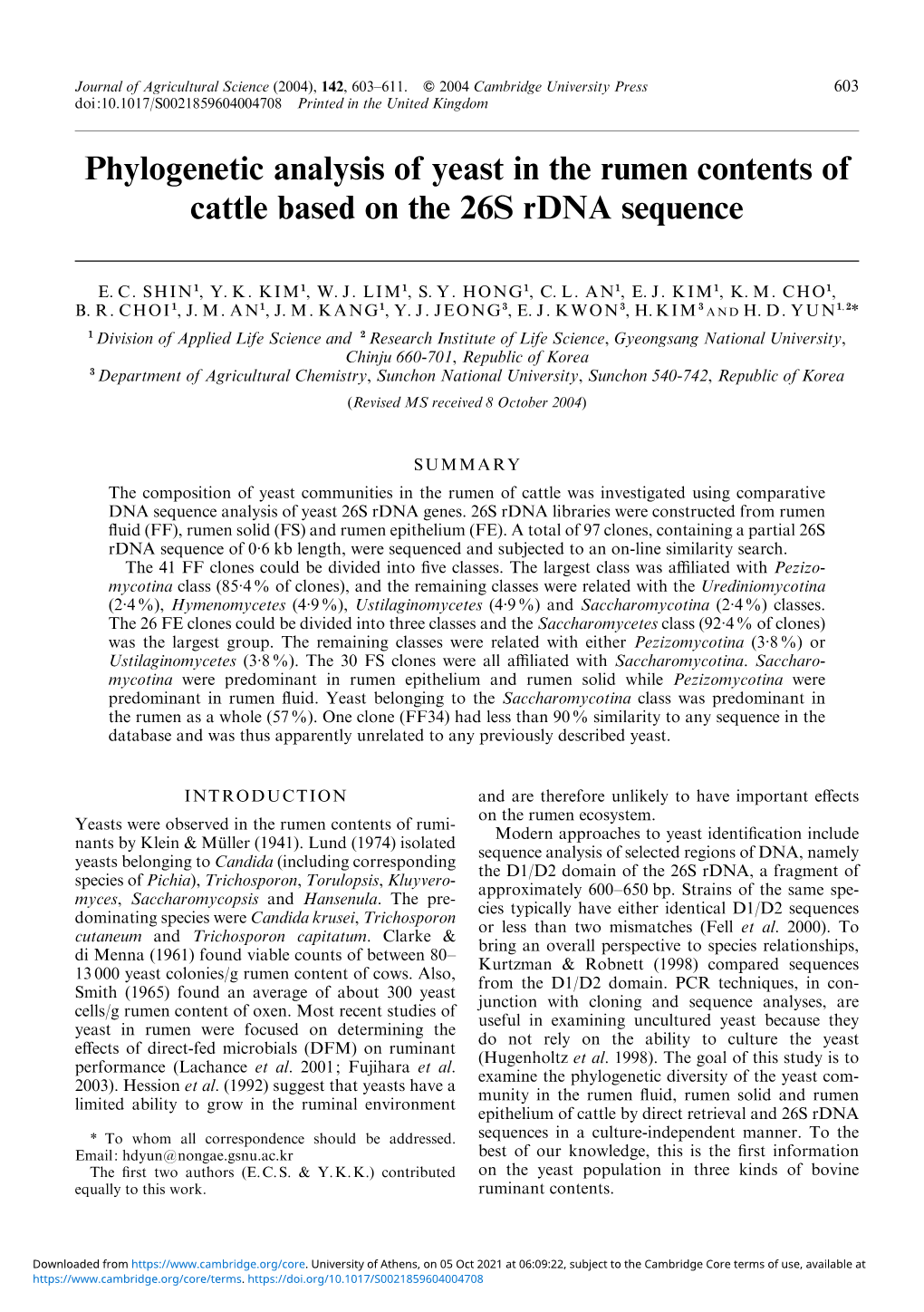 Phylogenetic Analysis of Yeast in the Rumen Contents of Cattle Based on the 26S Rdna Sequence