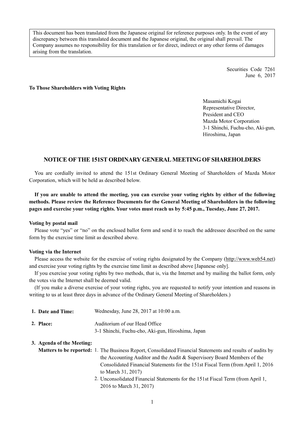 Notice of the 151St Ordinary General Meeting of Shareholders