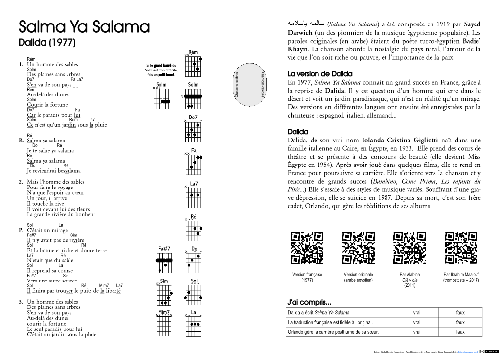 Salma Ya Salama) a Été Composée En 1919 Par Sayed) سالمه ياسالمه Salma Ya Salama Darwich (Un Des Pionniers De La Musique Égyptienne Populaire)