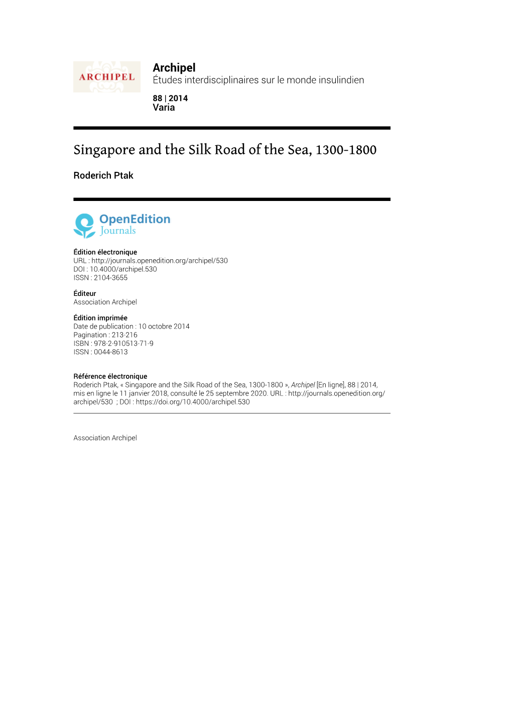 Singapore and the Silk Road of the Sea, 1300-1800