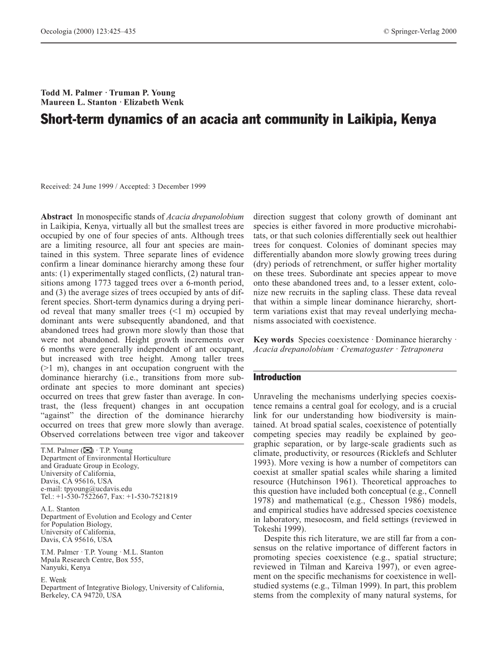 Short-Term Dynamics of an Acacia Ant Community in Laikipia, Kenya