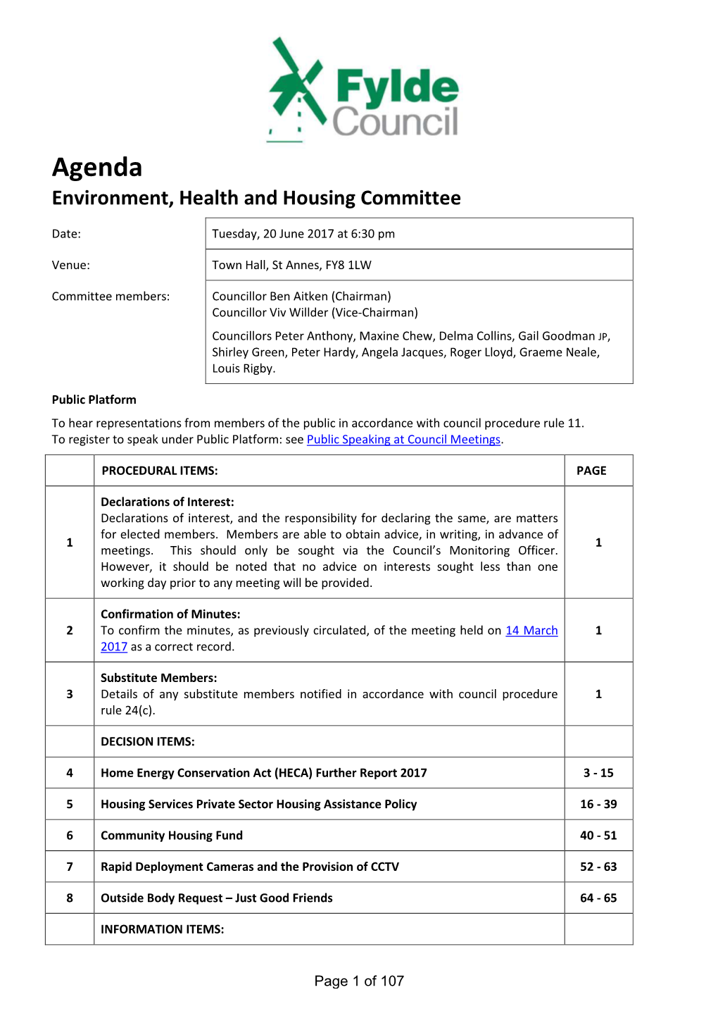 Agenda Environment, Health and Housing Committee