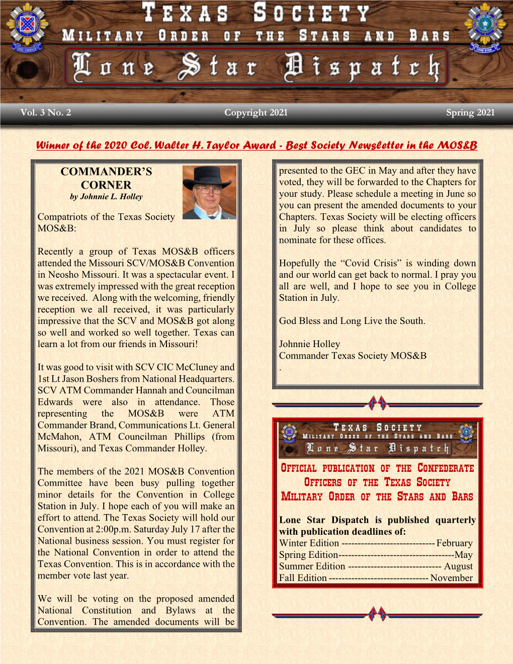 Best Society Newsletter in the MOS&B COMMANDER's CORNER Official