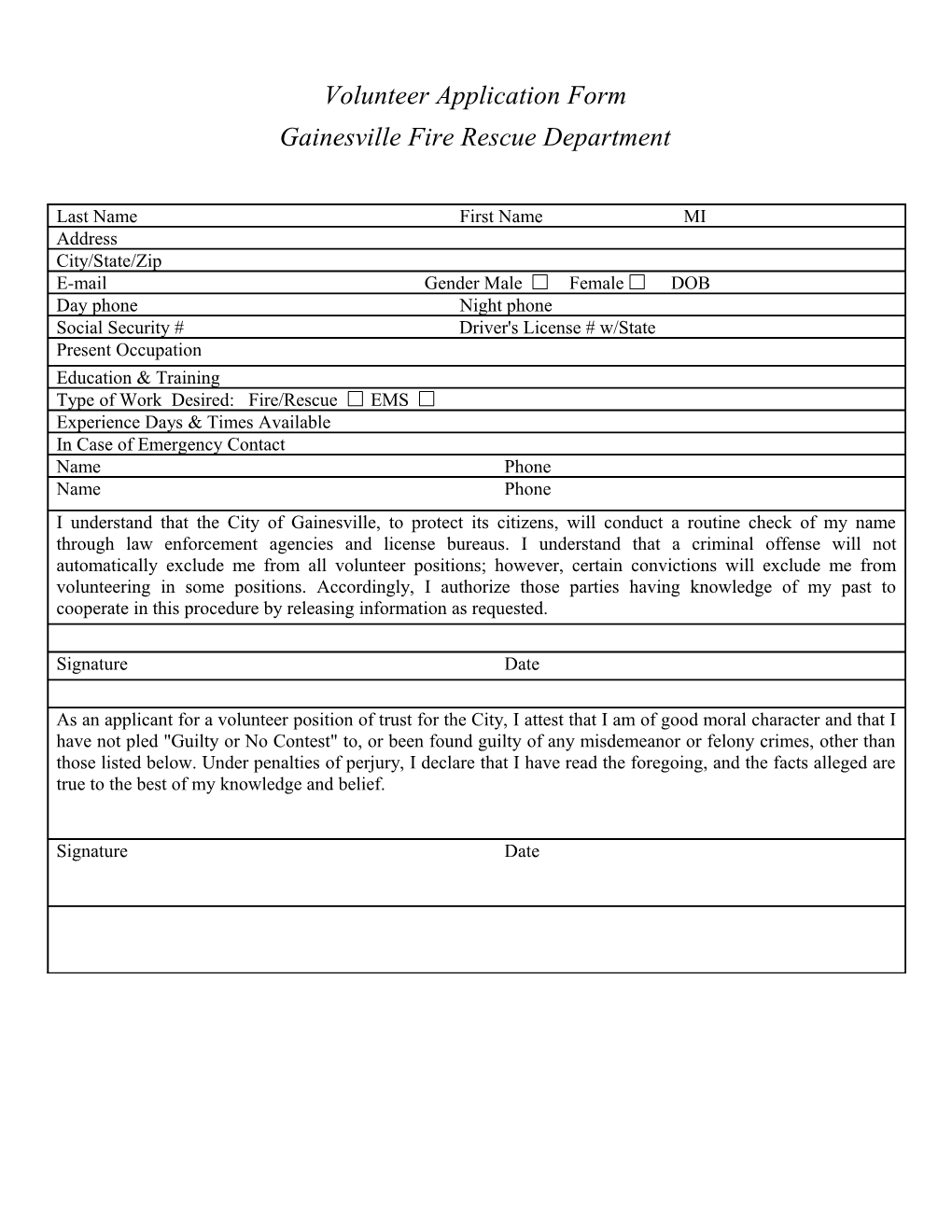 Volunteer Application Gainesville Fire Rescue Department