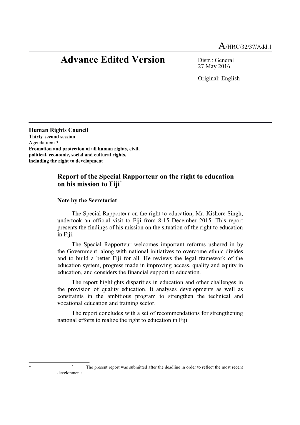 Report of the Special Rapporteur on the Right to Education on His Mission to Fiji in English