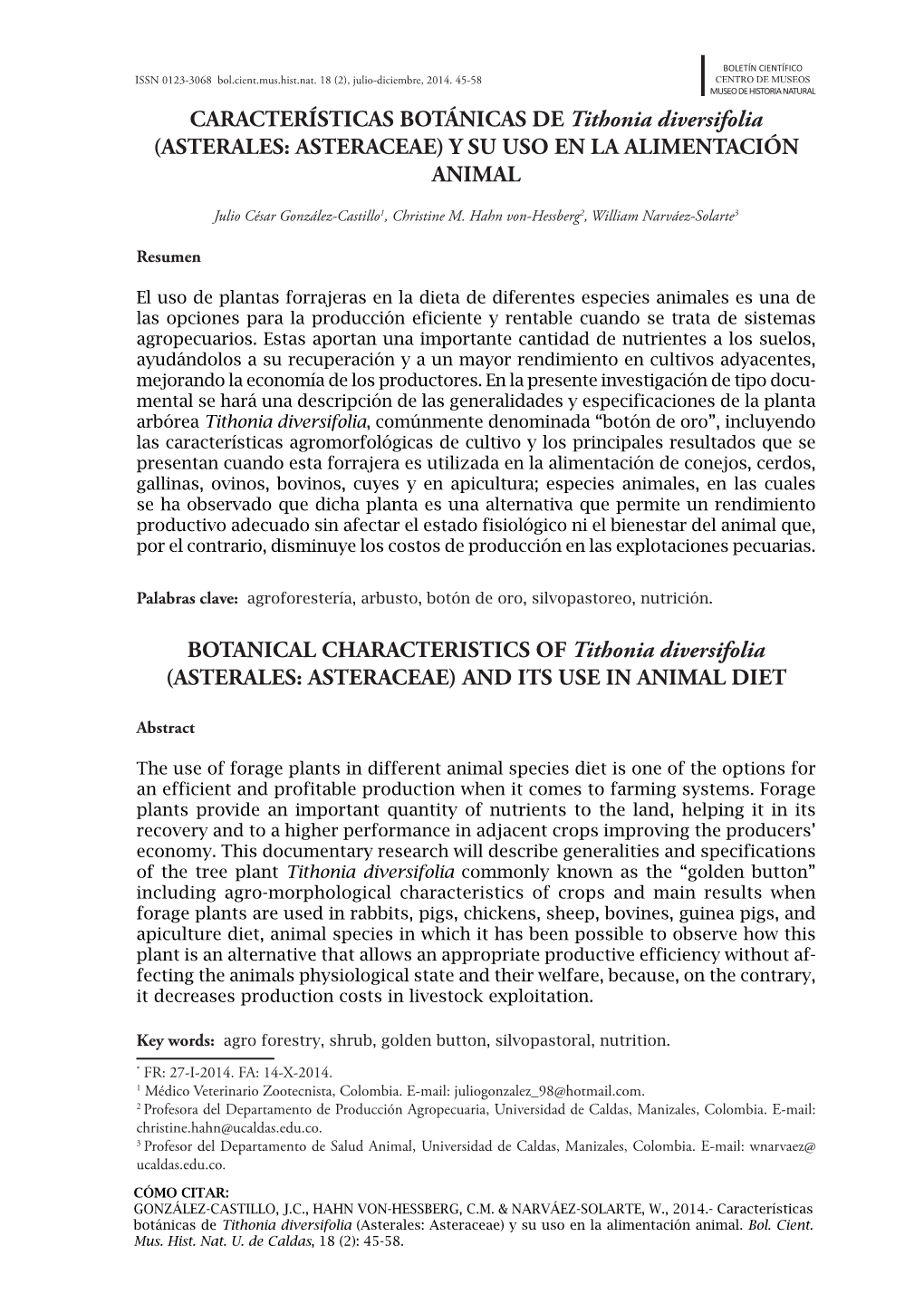 CARACTERÍSTICAS BOTÁNICAS DE Tithonia Diversifolia (ASTERALES: ASTERACEAE) Y SU USO EN LA ALIMENTACIÓN ANIMAL