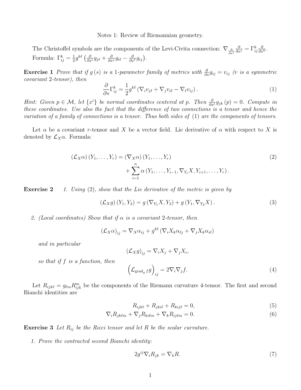 Notes 1: Review of Riemannian Geometry. the Christoffel Symbols