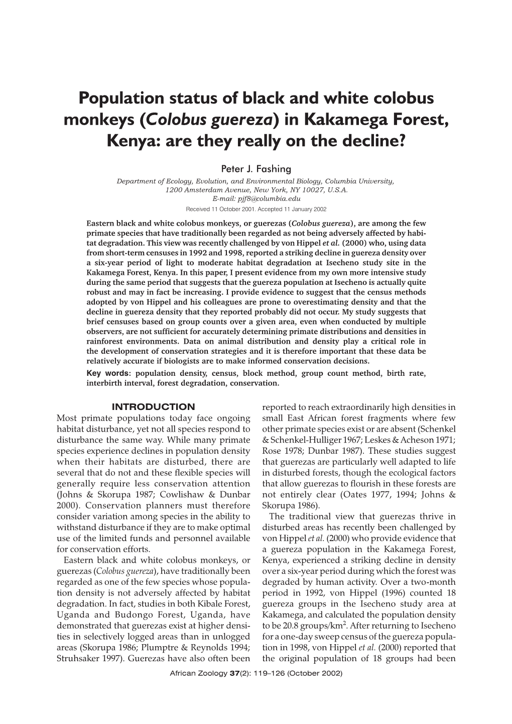 Population Status of Black and White Colobus Monkeys (Colobus Guereza) in Kakamega Forest, Kenya: Are They Really on the Decline?